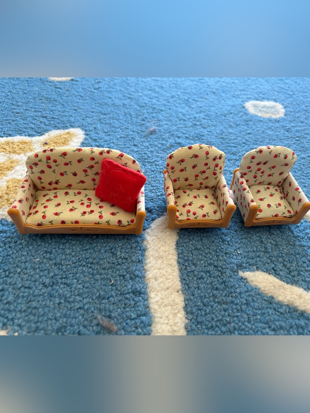 Calico Critters Sofa and Pair of Armchairs - Cream with Red Cherry Print